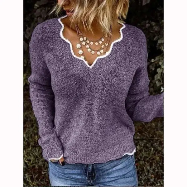 jumpers for women offers Women Knitted Sweaters New Wave V Neck Pullover Purple