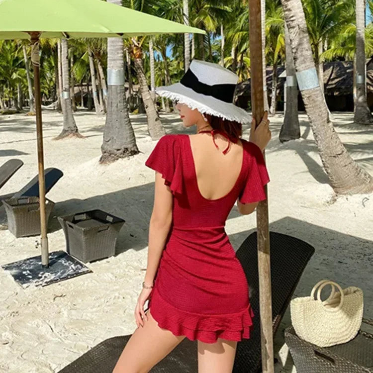 swimsuits for women | Swimsuit Women Summer V Neck One-piece Swimwear Red Back View