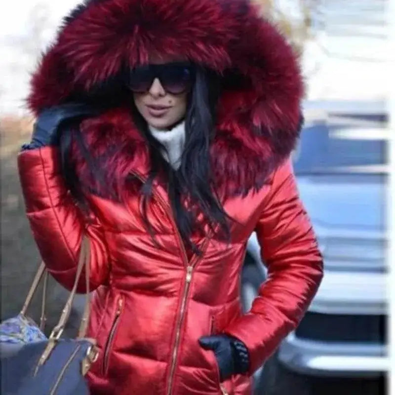 thick Parka Fur Collar Hooded Women Jacket Red