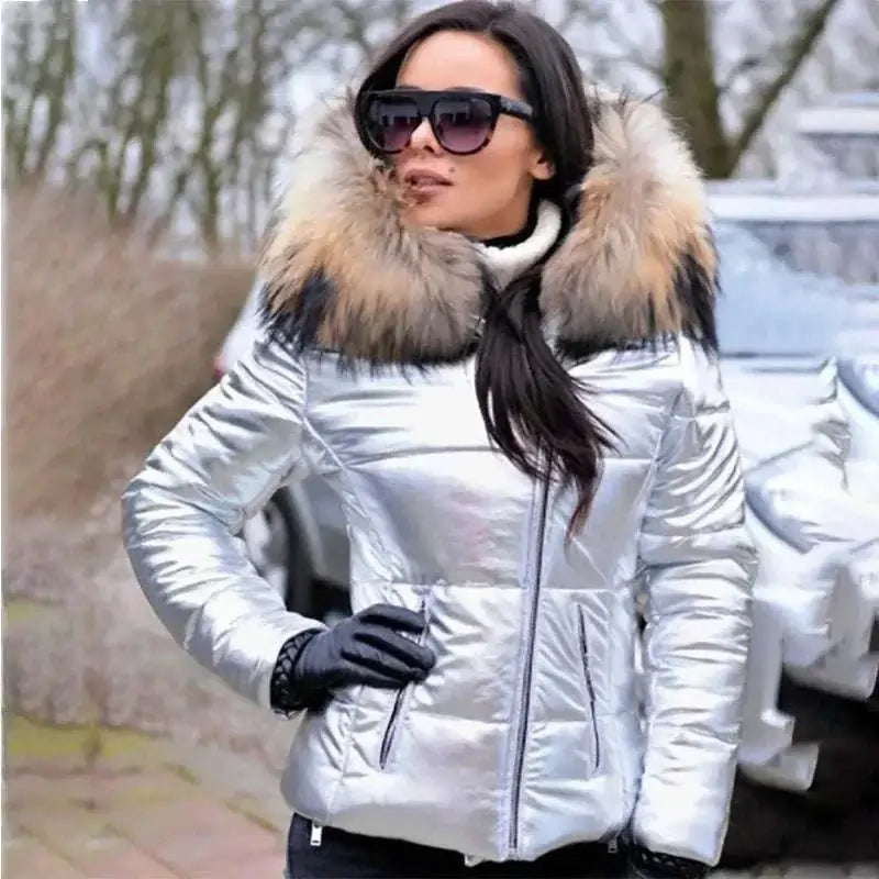 thick Parka Fur Collar Hooded Women Jacket Silver