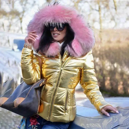 thick Parka Fur Collar Hooded Women Jacket Yellow